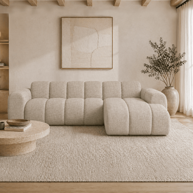 Banken-Hoekbank met lounge beige velvet structuurstof - strepen - rechts - Brix-Dimehouse