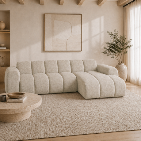 Corner sofa with lounge beige velvet textured fabric - stripes - right - Brix