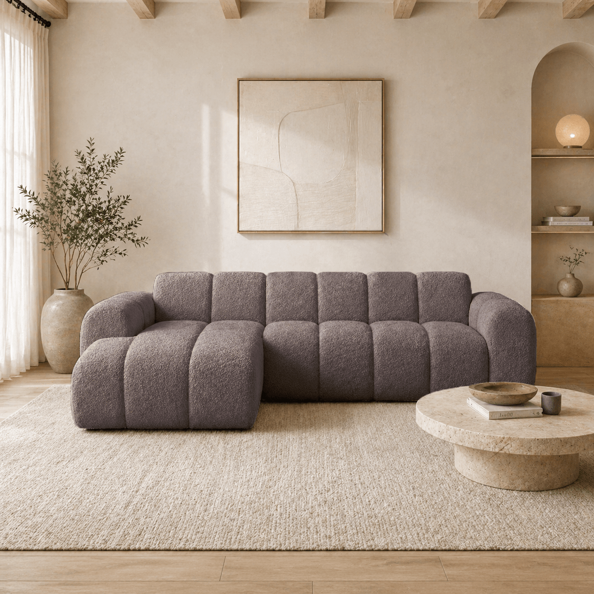 Banken-Hoekbank met lounge zacht bruin bouclé stof - strepen - links - Brix-Dimehouse