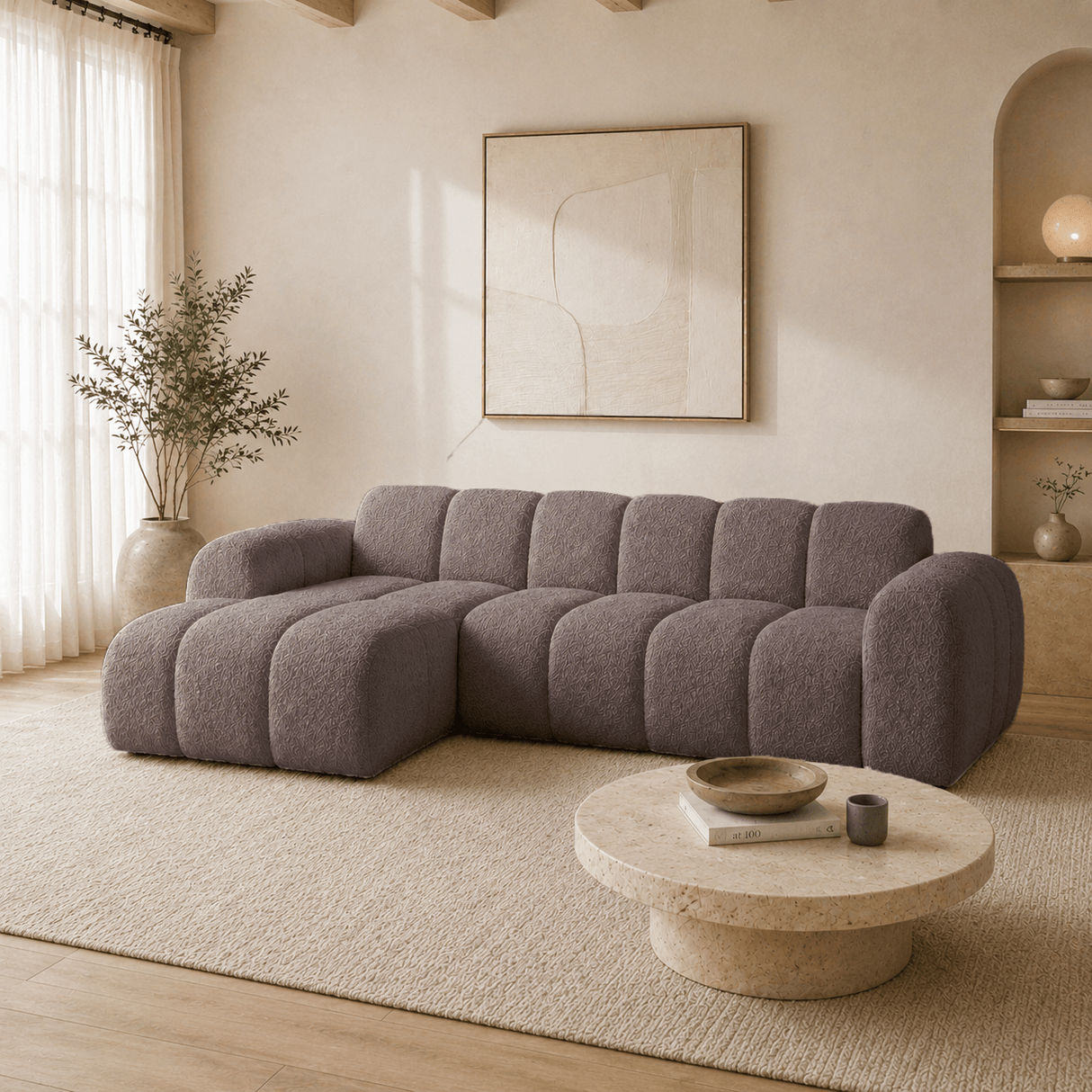 Banken-Hoekbank met lounge zacht bruin bouclé stof - strepen - links - Brix-Dimehouse