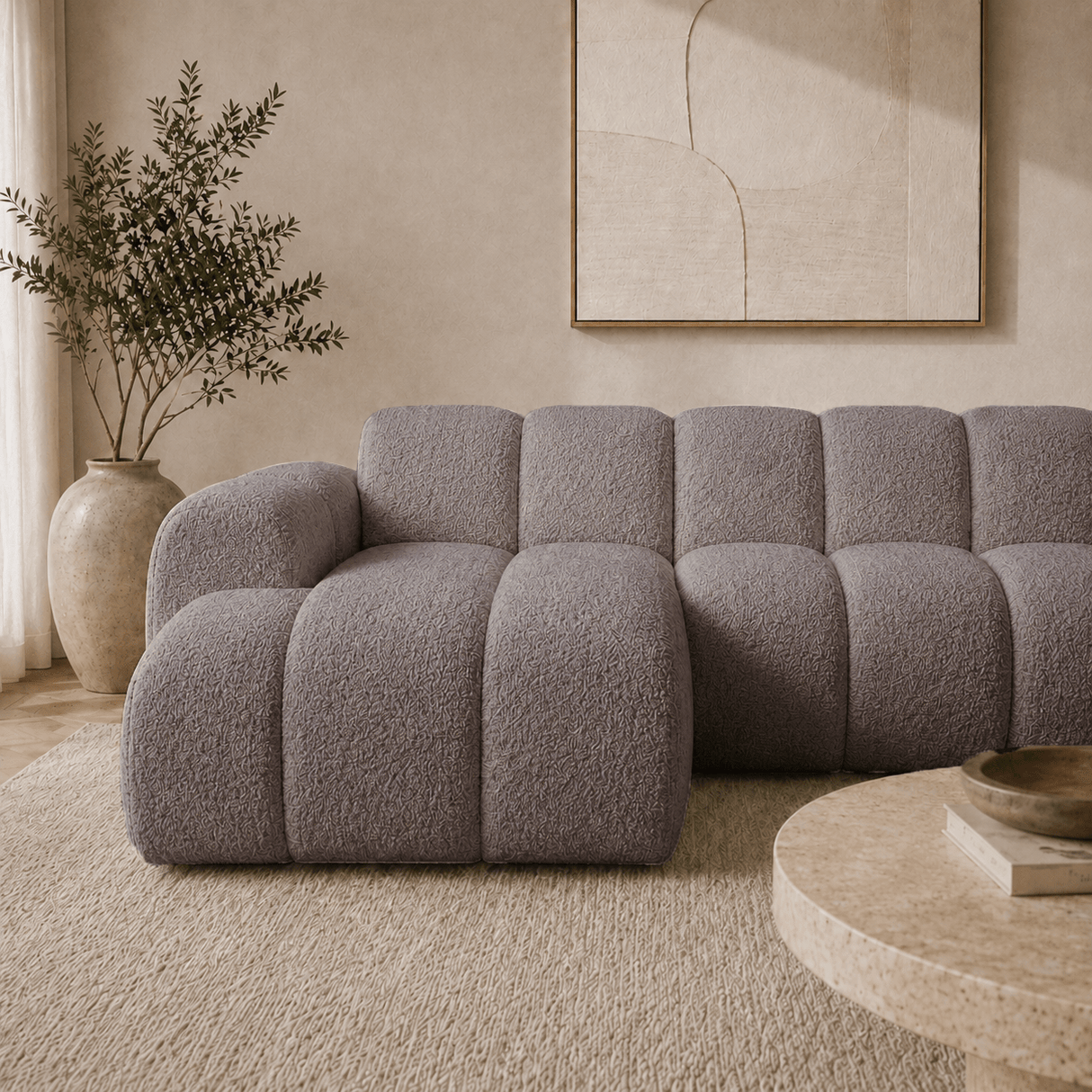 Banken-Hoekbank met lounge zacht bruin bouclé stof - strepen - links - Brix-Dimehouse
