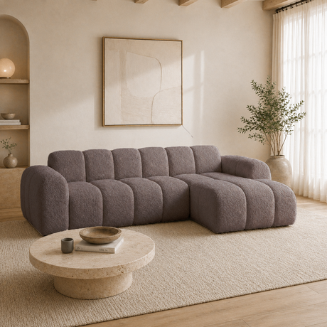 Corner sofa with lounge soft brown bouclé fabric - stripes - right - Brix