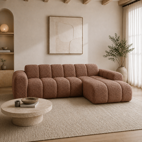 Corner sofa with lounge soft brown bouclé fabric - stripes - right - Brix