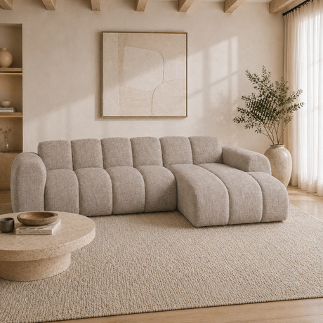 Corner sofa with lounge sand velvet textured fabric - stripes - right - Brix