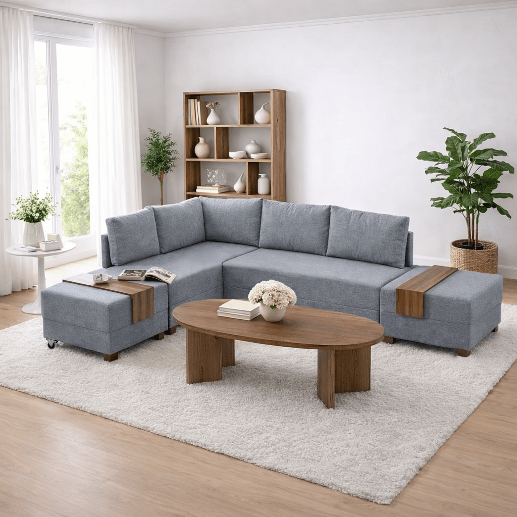 Corner sofa with sleeping function on the left fly gray