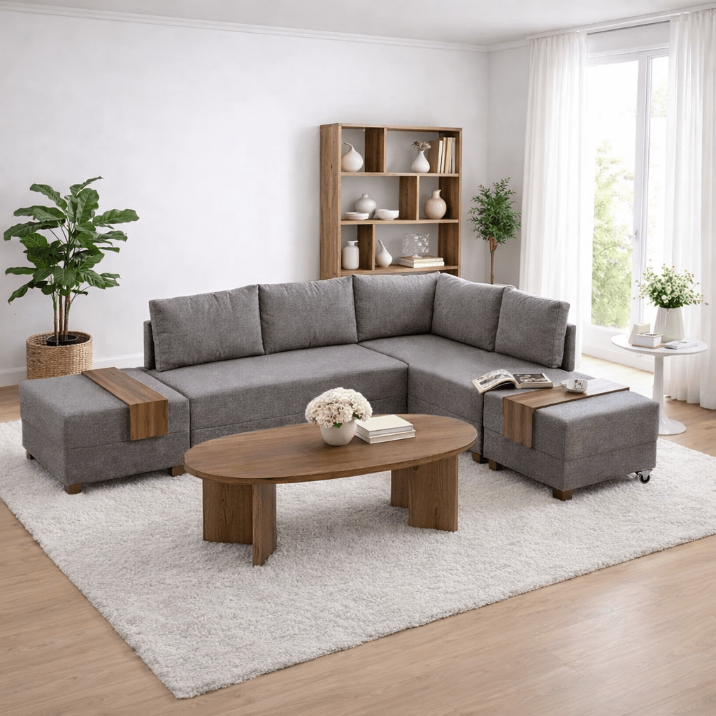 Corner sofa with sleeping function on the right fly brown