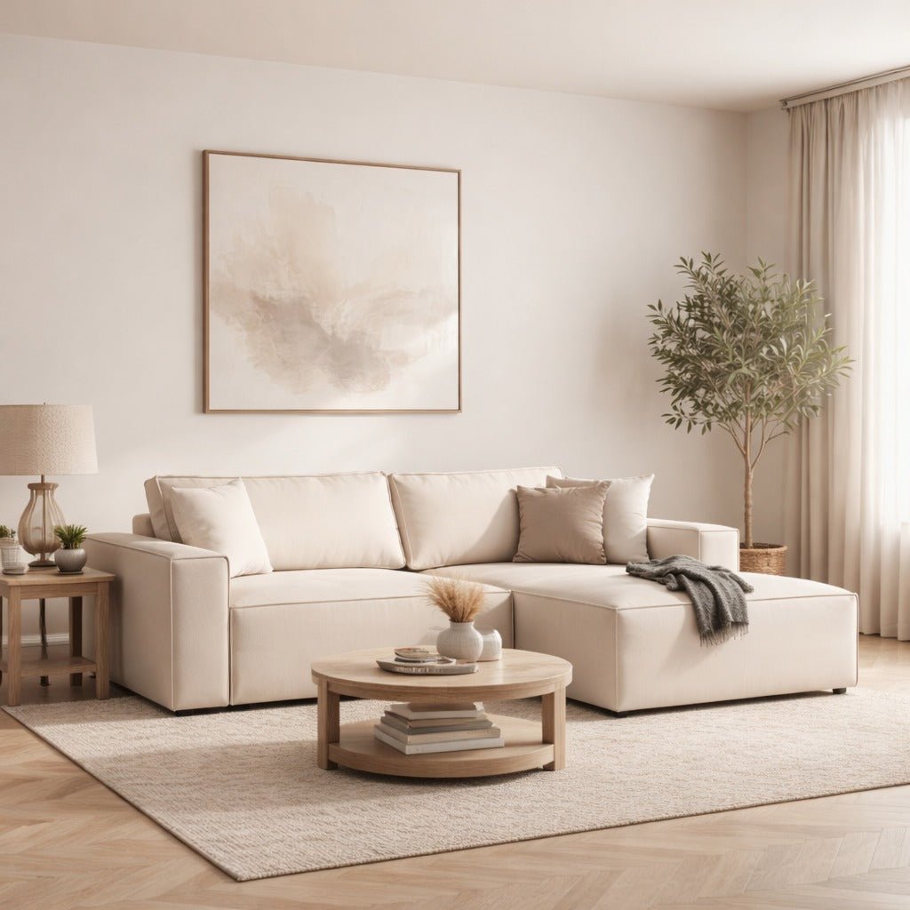 Beige fabric sofa bed - with storage space - right facing - 260 x 170 cm - Pirlo