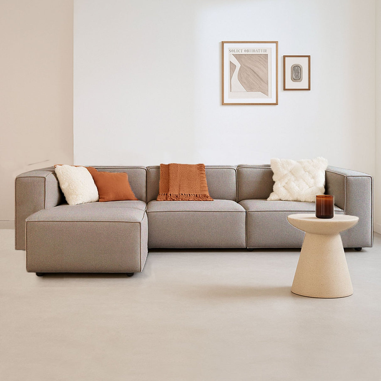 Modular corner sofa with loose ottoman in brown linen fabric Fora 
