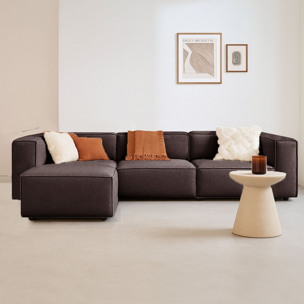 Modular corner sofa with loose pouf dark brown linen fabric Fora 