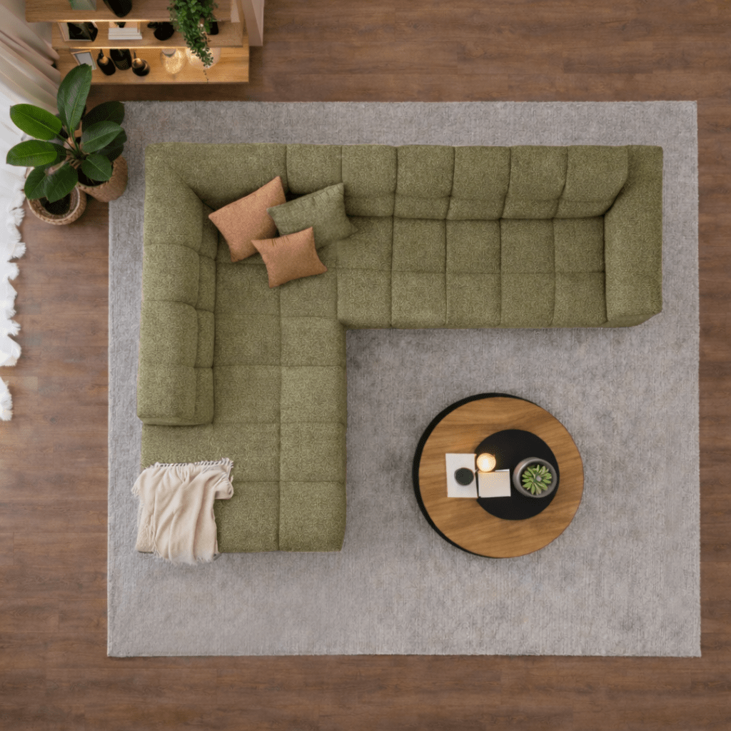 Banken - Hoekbank met lounge olijf groen bouclé stof Nova - links - Dimehouse