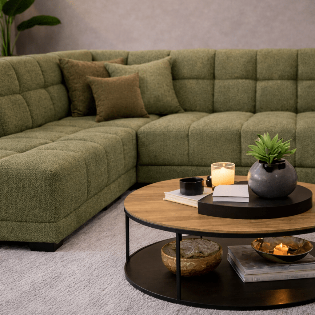 Banken - Hoekbank met lounge olijf groen bouclé stof Nova - links - Dimehouse
