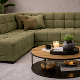 Banken - Hoekbank met lounge olijf groen bouclé stof Nova - links - Dimehouse