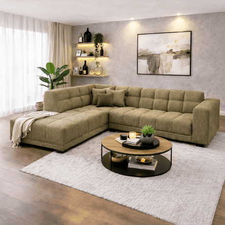 Banken - Hoekbank met lounge olijf groen bouclé stof Nova - links - Dimehouse