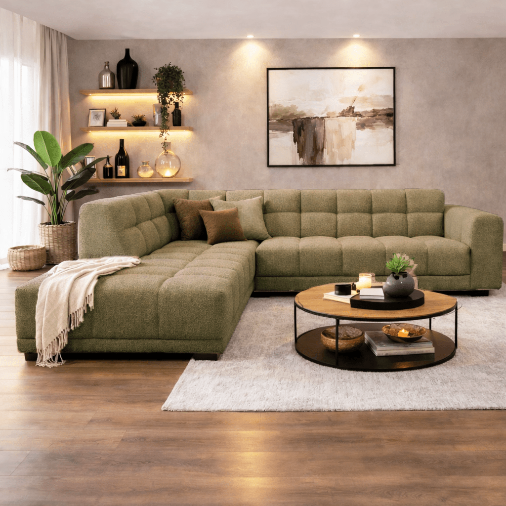 Banken - Hoekbank met lounge olijf groen bouclé stof Nova - links - Dimehouse