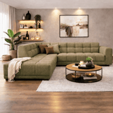Banken - Hoekbank met lounge olijf groen bouclé stof Nova - links - Dimehouse