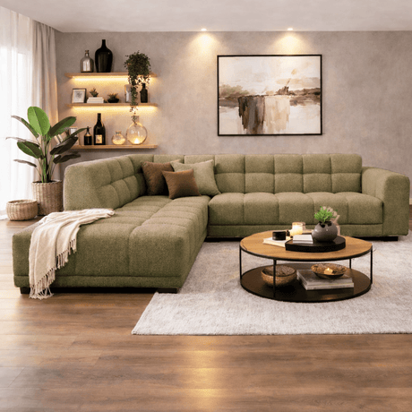 Banken - Hoekbank met lounge olijf groen bouclé stof Nova - links - Dimehouse