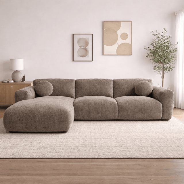 Banken - Hoekbank taupe chenille stof - 292x169 cm - Shane - links - Dimehouse