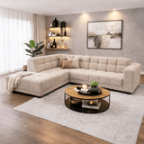 Banken - Hoekbank met lounge beige bouclé stof Nova - links - Dimehouse