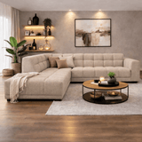 Banken - Hoekbank met lounge beige bouclé stof Nova - links - Dimehouse