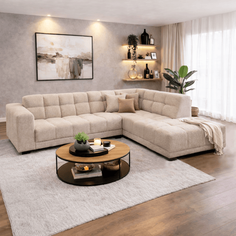 Corner sofa with lounge in beige bouclé fabric Nova – right