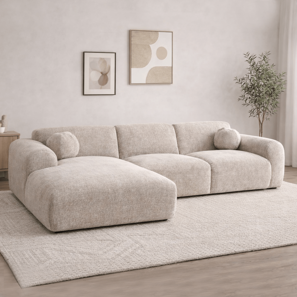 Banken - Hoekbank beige chenille stof - 292x169 cm - Shane - links - Dimehouse