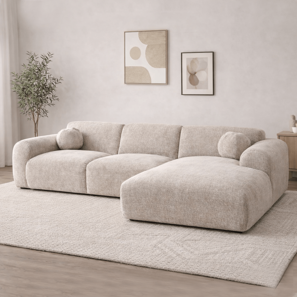Banken - Hoekbank beige chenille stof - 292x169 cm - Shane - rechts - Dimehouse