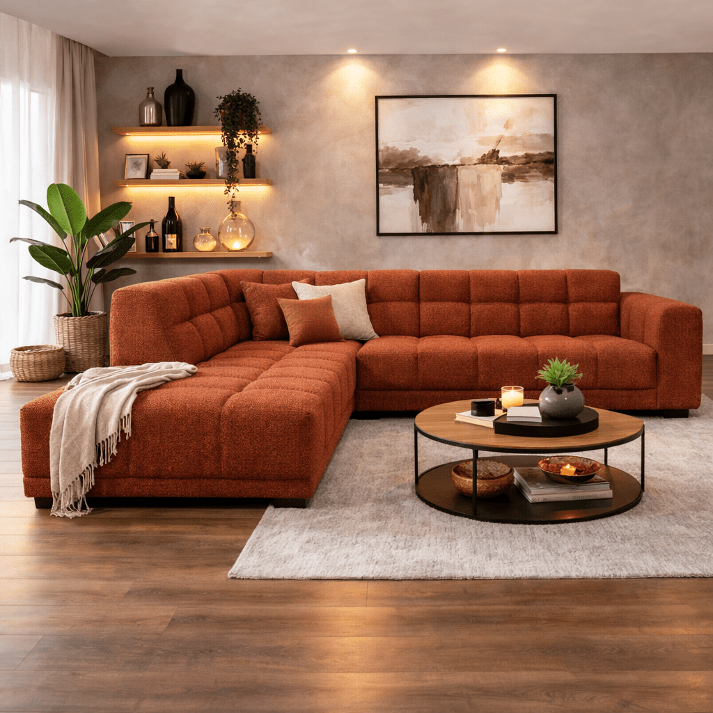 Banken - Hoekbank met lounge koper bouclé stof Nova - links - Dimehouse