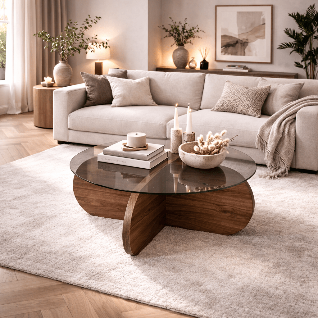 Round coffee table Aris walnut melamine and transparent glass 75 cm
