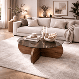 Round coffee table Aris walnut melamine and transparent glass 75 cm