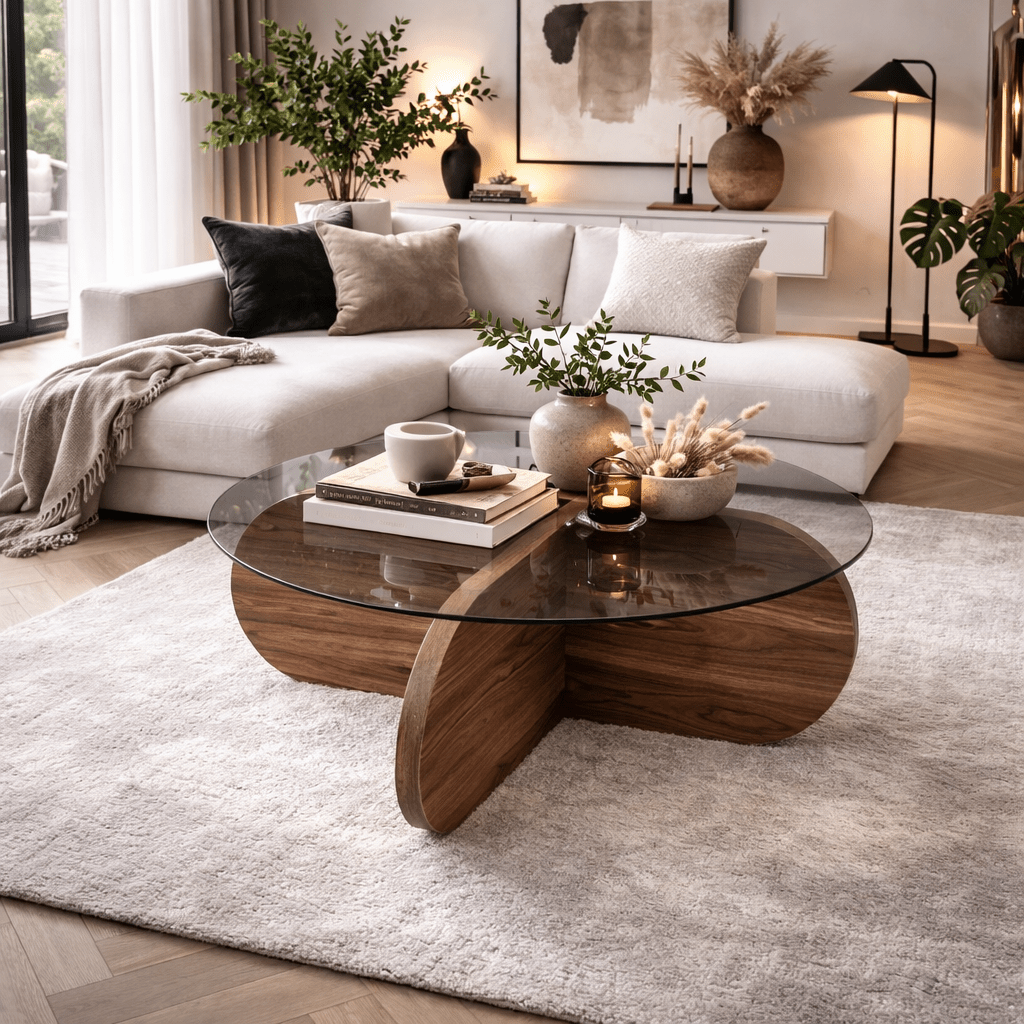 Round coffee table Aris walnut melamine and transparent glass 75 cm