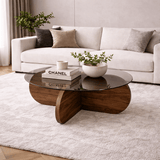 Round coffee table Aris walnut melamine and transparent glass 75 cm