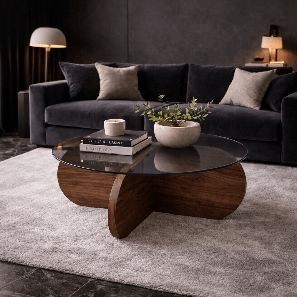 Round coffee table Aris walnut melamine and transparent glass 75 cm