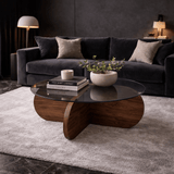 Round coffee table Aris walnut melamine and transparent glass 75 cm