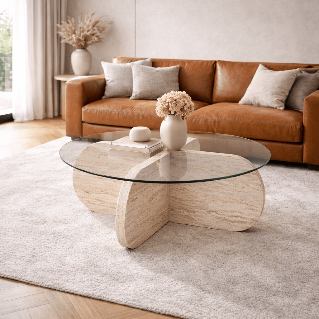 Round coffee table Aris travertine melamine and transparent glass 75 cm