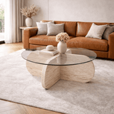 Round coffee table Aris travertine melamine and transparent glass 75 cm