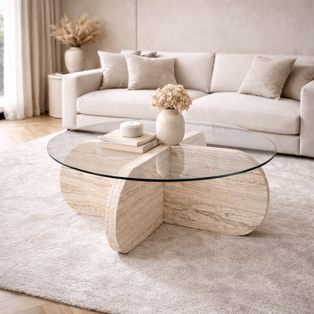Round coffee table Aris travertine melamine and transparent glass 75 cm