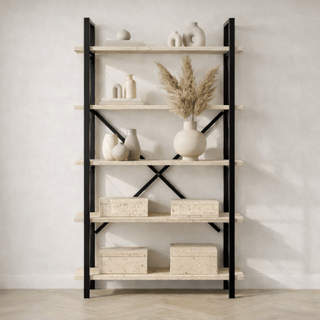 Industrial Bookcase Ely Travertine Melamine - Black Frame - 180x90 cm 