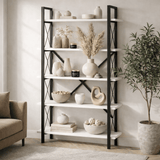 Industrial Bookshelf Ely White Wood Melamine - Black Frame - 180x90 cm 