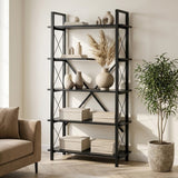 Industrial Bookcase Ely Black Wood - Black Frame - 180x90 cm 