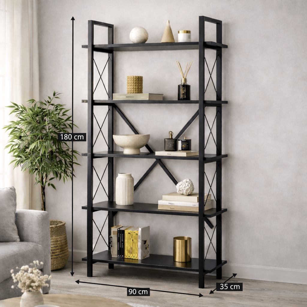 Industrial Bookcase Ely Black Wood - Black Frame - 180x90 cm 