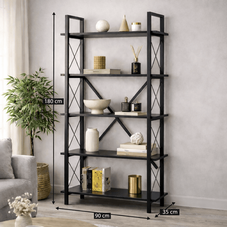 Industrial Bookcase Ely Black Wood - Black Frame - 180x90 cm 