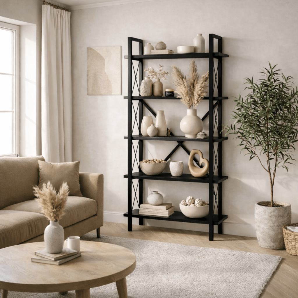 Industrial Bookcase Ely Black Wood - Black Frame - 180x90 cm 