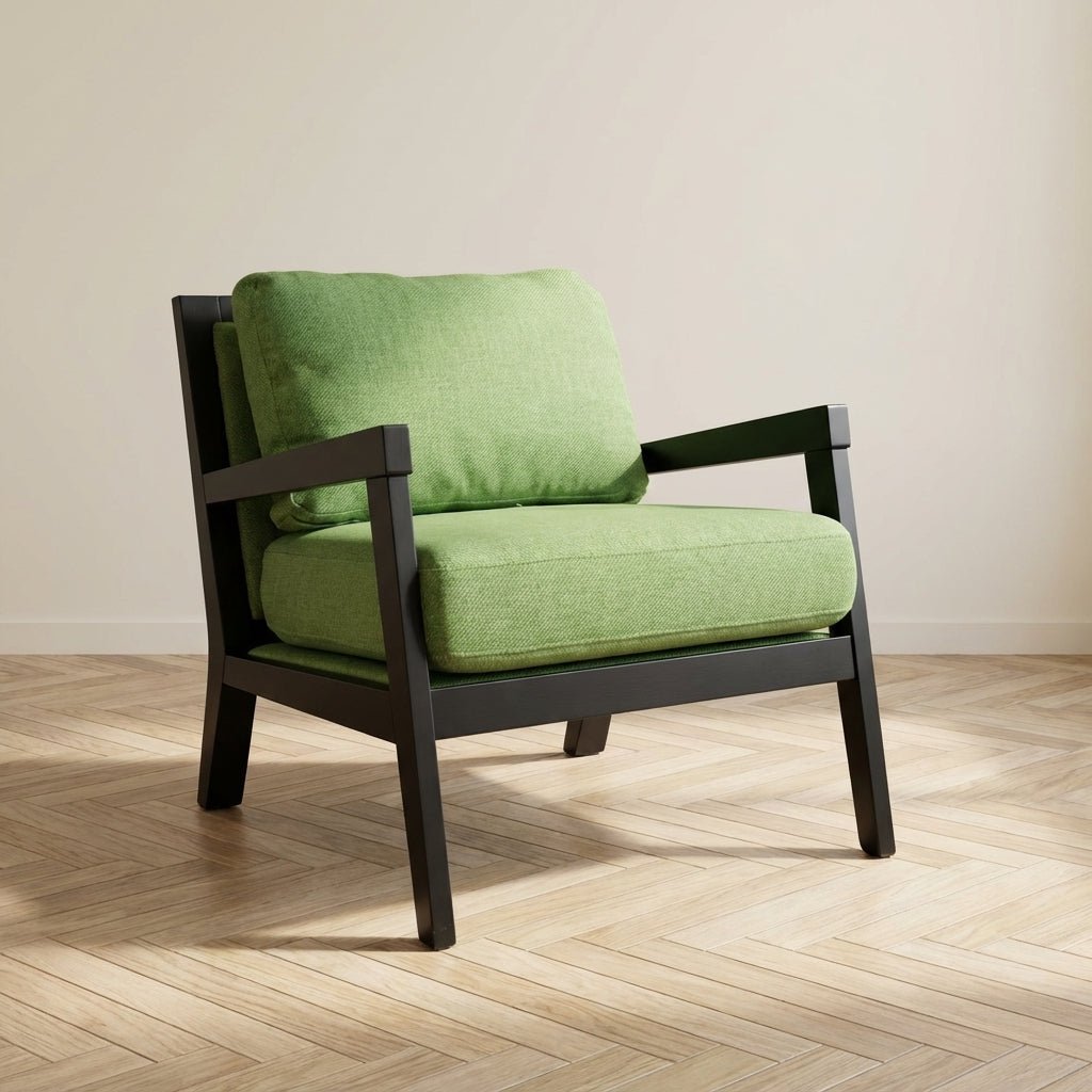 Industriële fauteuil Morris stof groen sfeerfoto in modern interieur