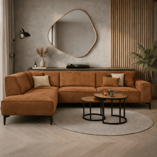 Banken - Industriële hoekbank cognac eco - leer Brisbane - links - Dimehouse