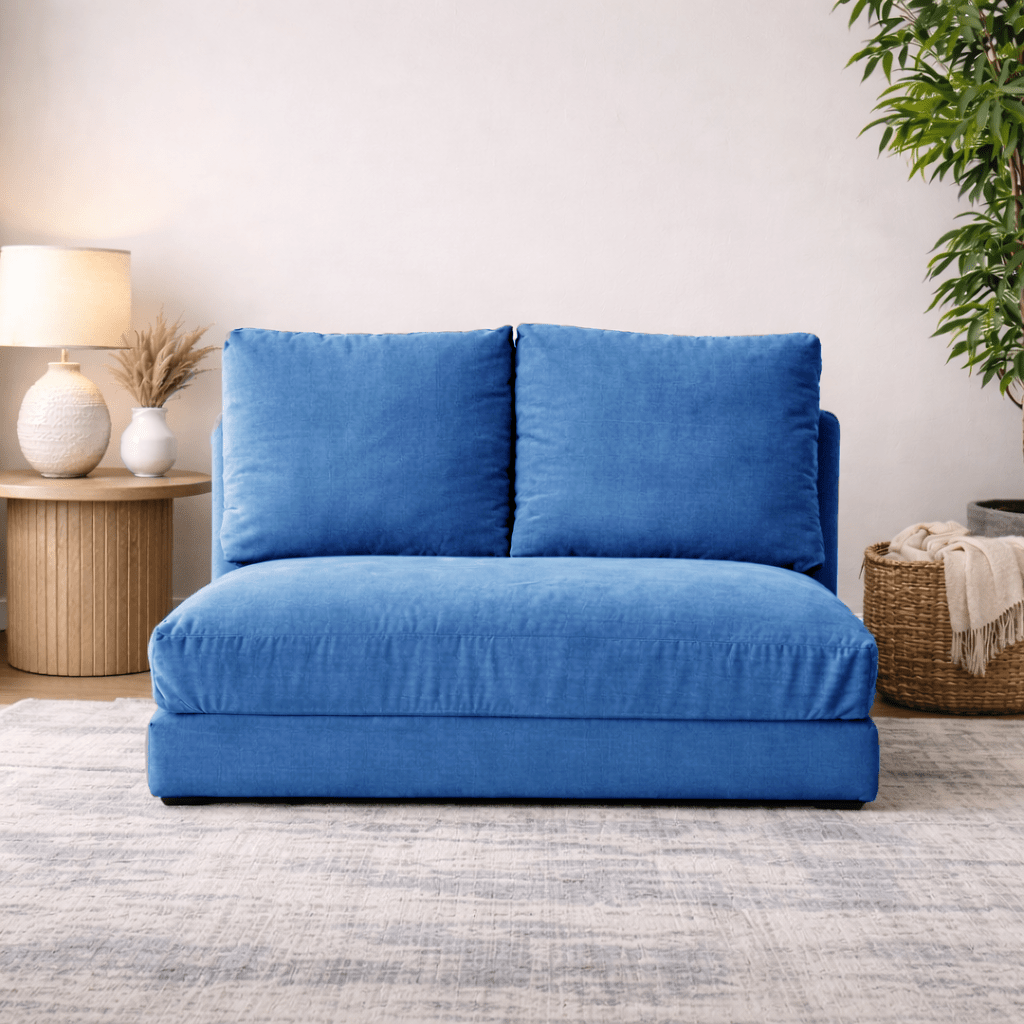 Sofa bed Japandi blue fabric 2-seater - low back and adjustable - Taida