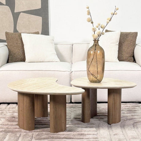 Coffee table set of 2 Jimi travertine top with walnut base 