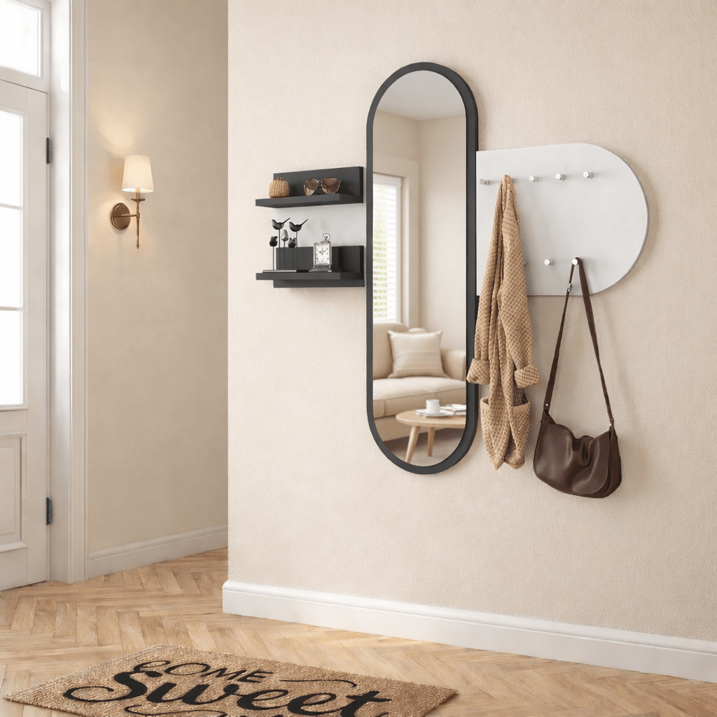 Coat Rack White Melamine 9-Hook - With Mirror - Two Shelves 