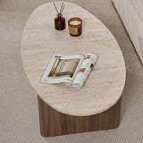 Organic pebble-shaped coffee table with a travertine-look top and walnut melamine base. Japandi design of 120x60cm.