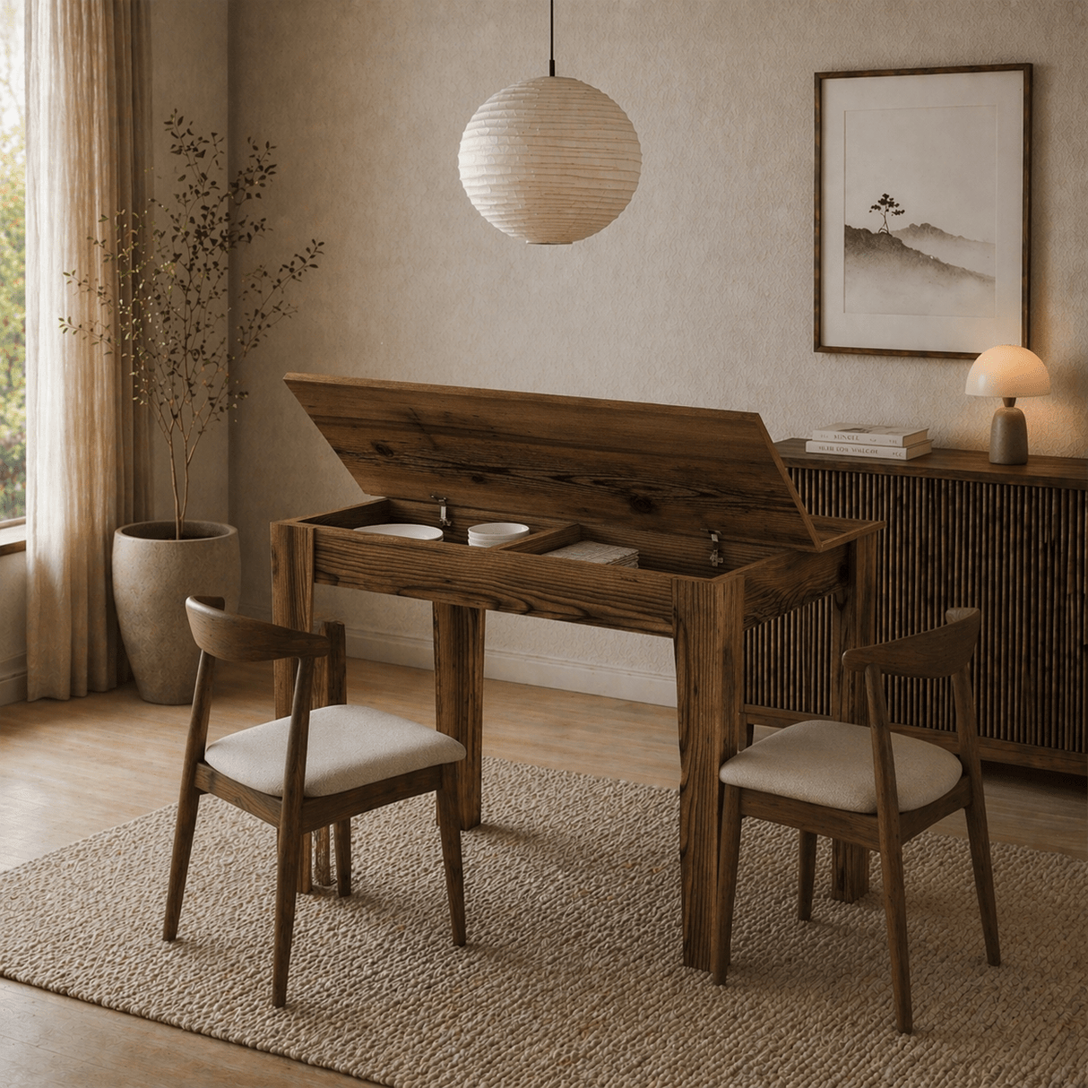 Eettafels - Kleine eettafel Walnoot Melamine - 110 cm - met opbergruimte - Kara - Dimehouse