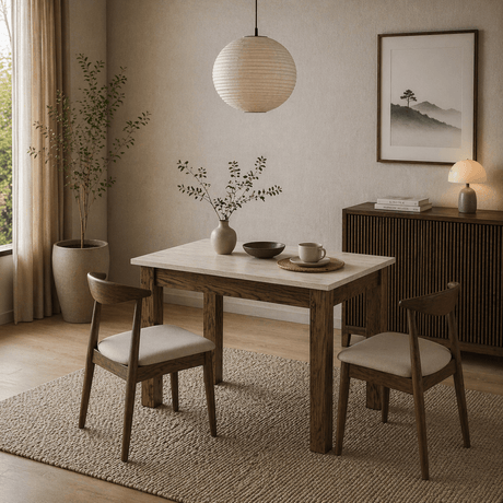 Eettafels - Kleine eettafel Walnoot met Travertin Melamine - 110 cm - met opbergruimte - Kara - Dimehouse